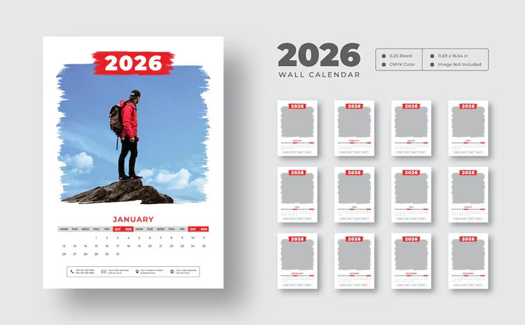 Free Motivational 2026 Wall Calendar with Photo Mask PSD