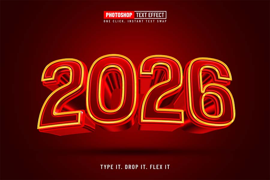 Free Shiny Red 2026 New Year Text Effect Design PSD