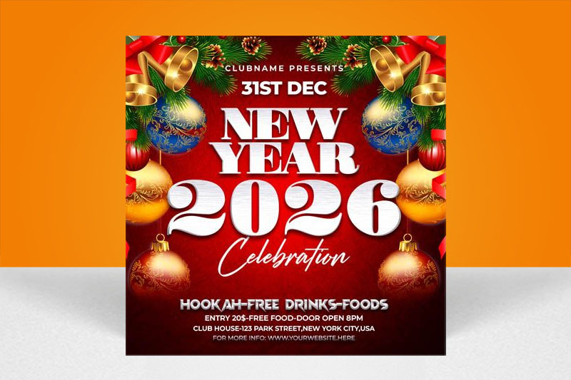 New Year 2026 Luxury Red Gold Party Flyer Free PSD New Year 2026 Luxury Red Gold Party Flyer Free PSD