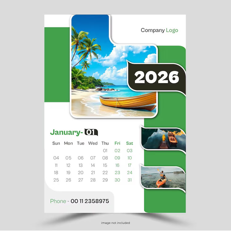 Travel Agency 2026 Wall Calendar Template with Green Accents