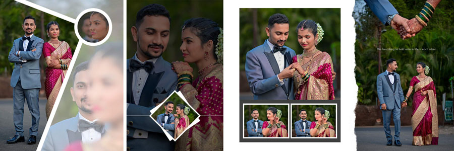 Wedding album design PSD for Marathi couples with soft background and frames