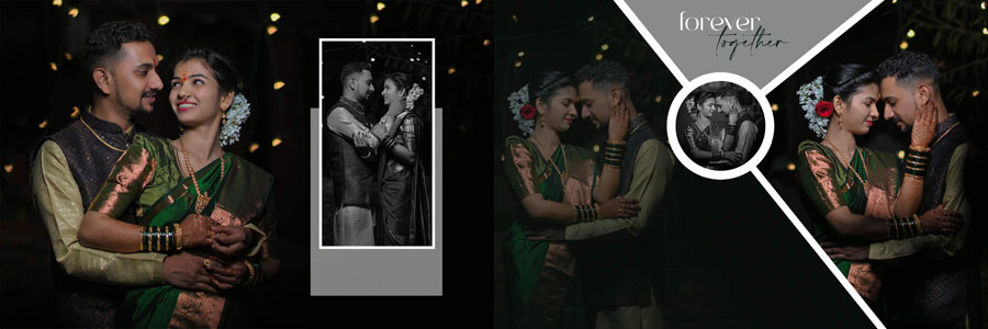 12x36 Marathi wedding album PSD template featuring elegant couple portrait design