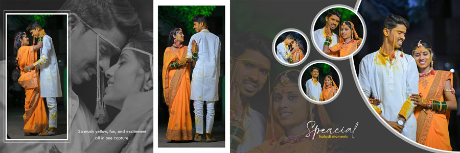 Haldi Album Design PSD 12x36 template with vibrant yellow and floral layout