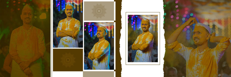Creative haldi album PSD template 12x36 with vibrant theme and layered design