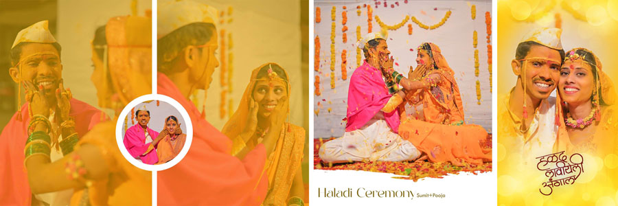 Editable 12x36 haldi album PSD template showing multiple photo placements and floral design