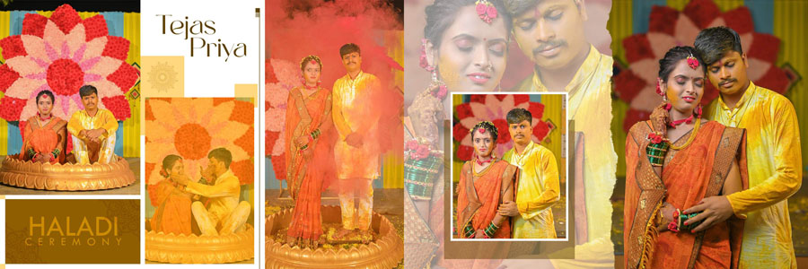 Editable haldi album 12x36 PSD template with balanced photo frames and bright theme