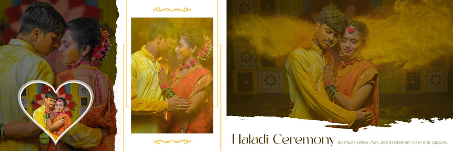 Creative 12x36 haldi album PSD template ready for client photo placement in Photoshop