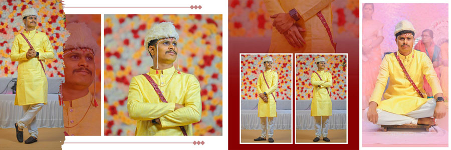 Haldi album PSD template 12x36 with floral borders and editable photo placeholders
