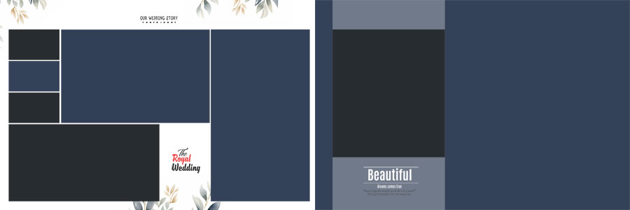 modern pre wedding photo album PSD template with blue floral accents 8