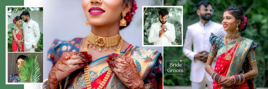 Cinematic wedding album spread with an artistic photo arrangement