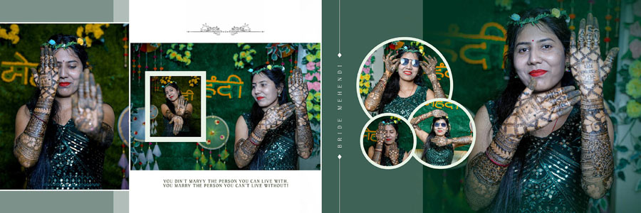 Traditional Indian wedding album spread with cinematic couple photography