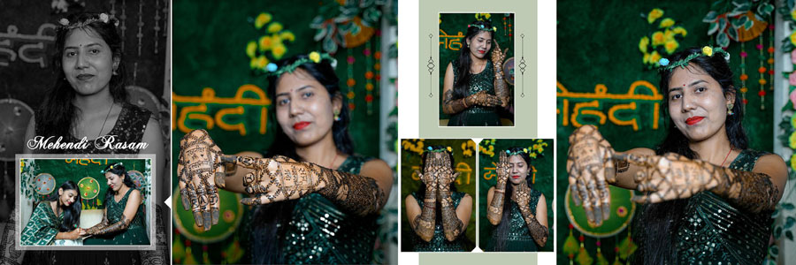 Floral marriage album spread with a creative multi photo frame composition