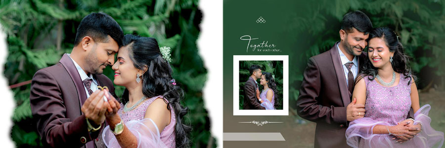 Wedding album spread built around a full page couple portrait display