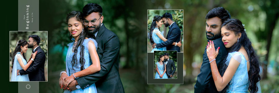 Wedding album spread showcasing group ceremony photos and family portraits