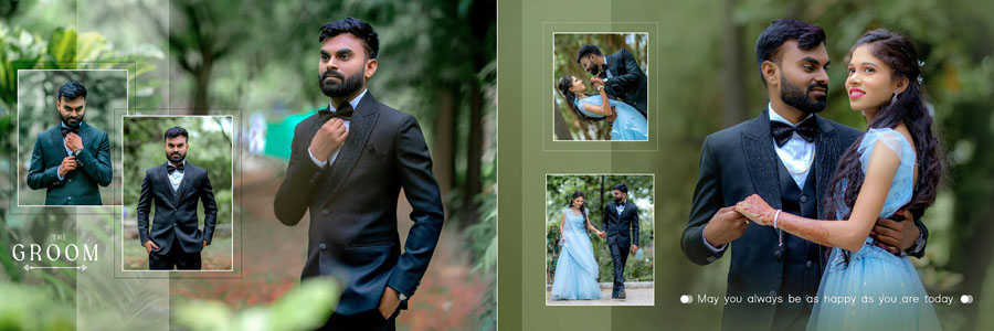 Soft green themed wedding album layout with romantic couple photo frames