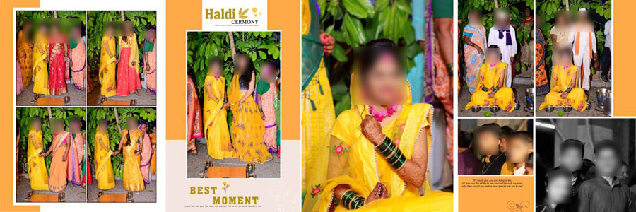 Haldi ceremony album design PSD template with modern yellow theme layout
