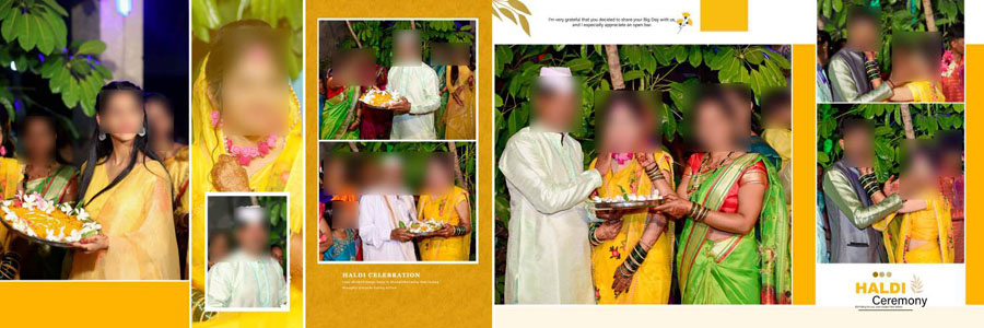 Print ready haldi album PSD with creative photo arrangement