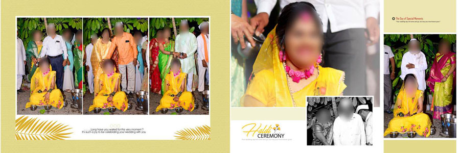 Fully editable haldi ceremony album PSD template for Photoshop