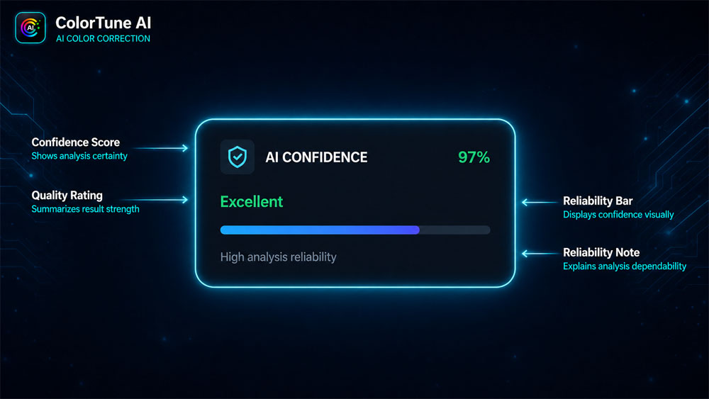 ColorTune AI confidence score display after automatic wedding photo analysis