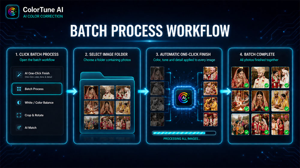 ColorTune AI batch photo color correction processing a folder of wedding images