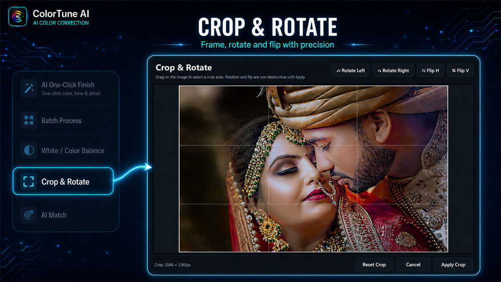 ColorTune AI Crop and Rotate tool adjusting a wedding portrait composition