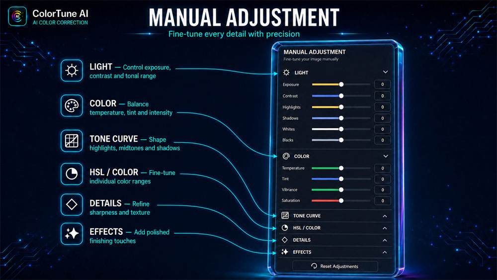 ColorTune AI manual adjustment panel showing light color tone HSL detail and effects sliders