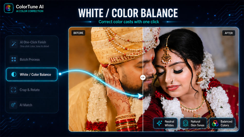 Before and after white balance correction in ColorTune AI photo editing software