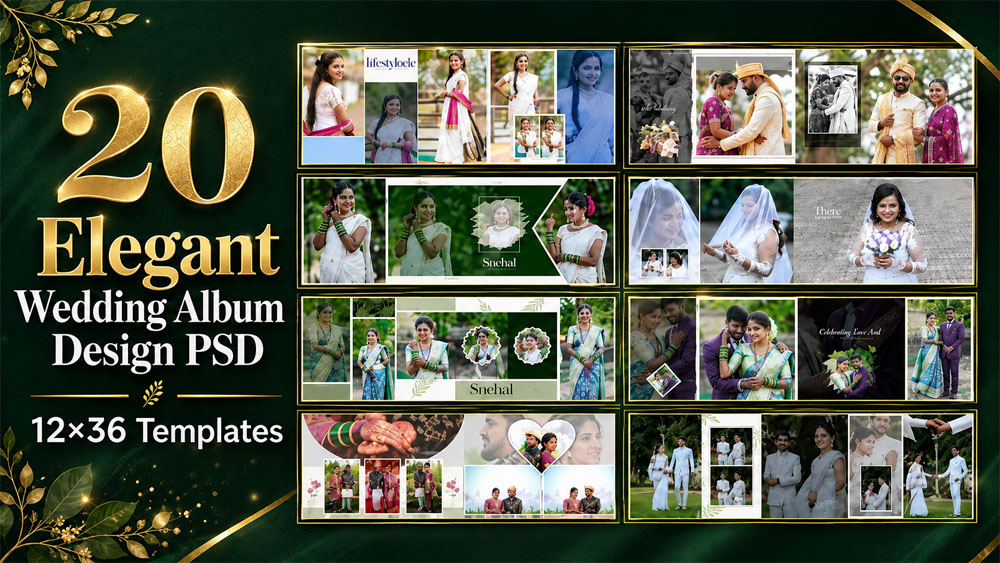 20 Elegant Wedding Album Design PSD 12×36 Templates