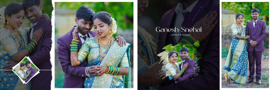 Bride and groom portrait layout for wedding album PSD template