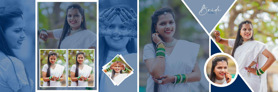 Creative bride photo frame layout for 12×36 wedding album PSD