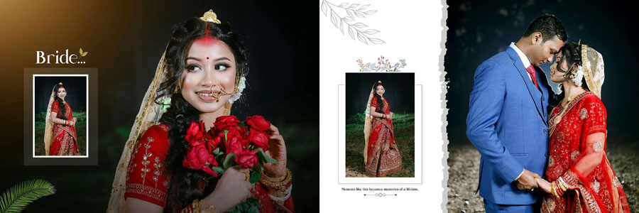 Elegant Bengali bride portrait album layout with clean white photo frames
