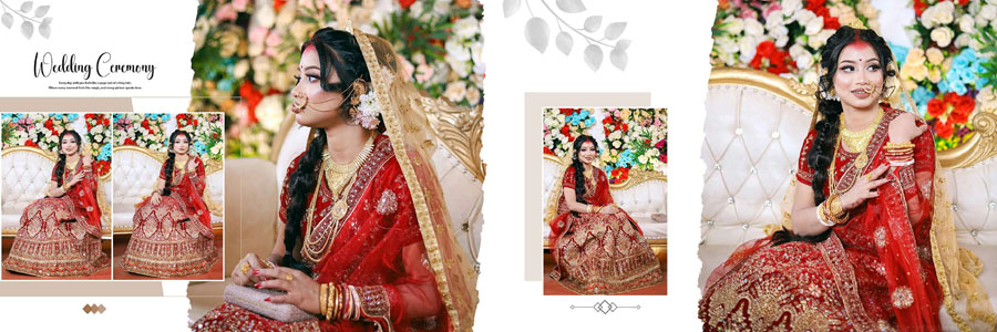Bengali groom portrait album spread with modern wedding photo arrangement