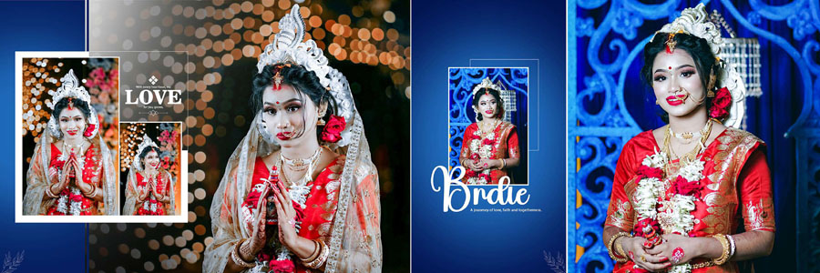 Moody Bengali wedding album design with blue bridal portraits and dark background