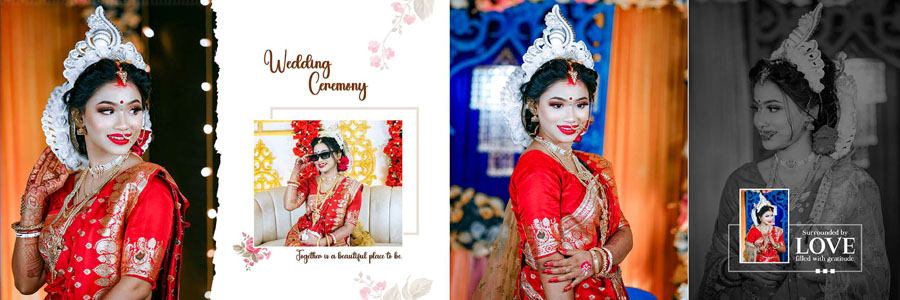 Cinematic Bengali wedding album spread with bride holding a framed wedding portrait