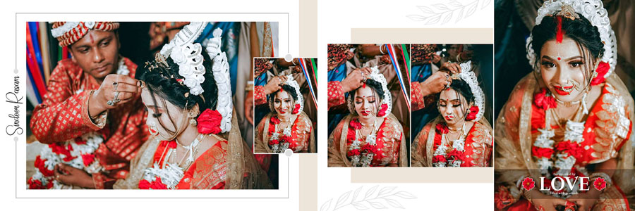 Bengali wedding album page with traditional bride and groom photography collage