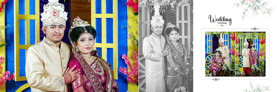 Modern Bengali wedding album template featuring a groom portrait in blue suit