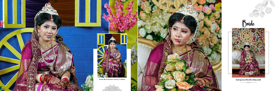 Bengali bridal album spread with dark green background and blue bridal outfit