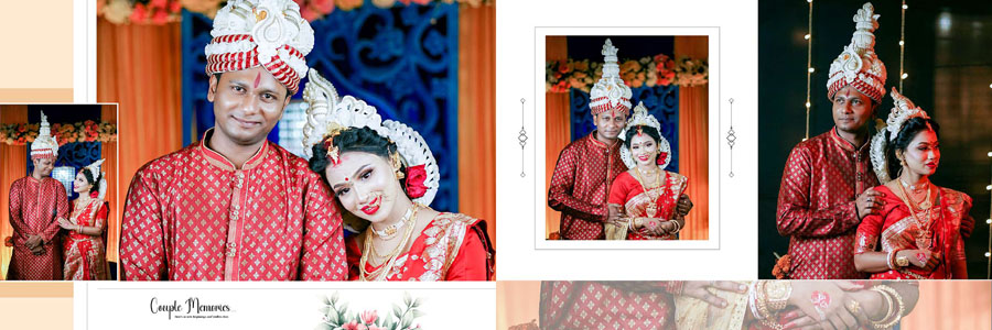 Romantic Bengali wedding album design with bride and couple portrait composition