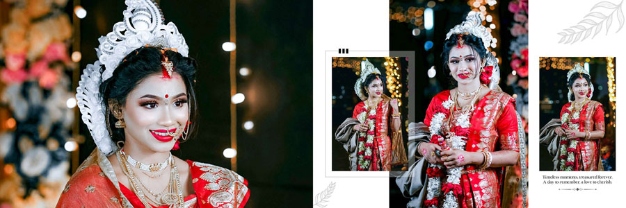 Creative Bengali wedding album layout with bride and groom photographs in dark theme