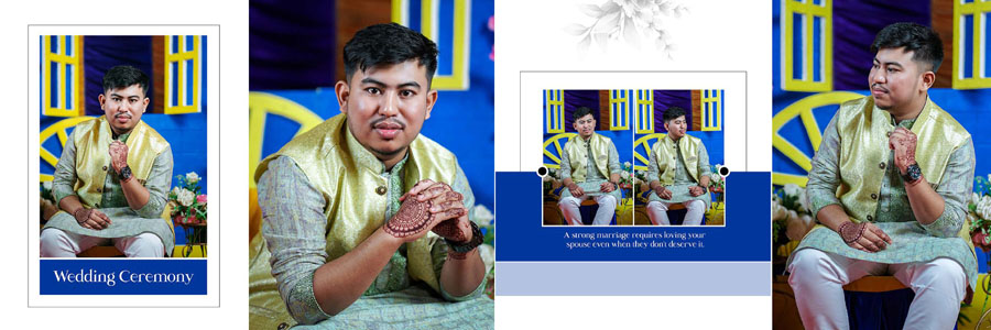 Bengali bridal album design with traditional red outfit and dark blue background