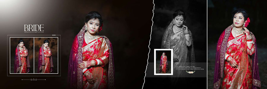 Bengali wedding album spread with blue groom portrait and romantic couple photography