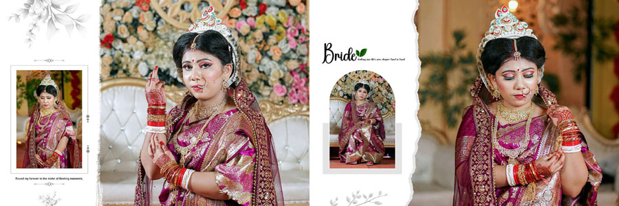 Elegant Bengali bridal album PSD layout with red wedding portraits and black background