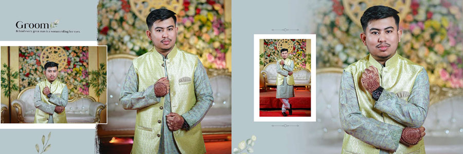 Cinematic Bengali wedding album spread with black and white couple portraits
