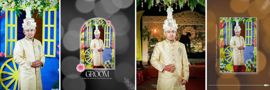 Traditional Bengali wedding album layout with bridal portraits and decorative frames