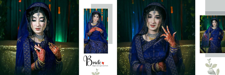 Bengali wedding album spread featuring colorful bridal portraits and couple photos