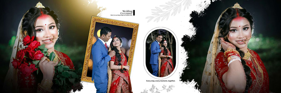 Elegant Bengali bridal album layout with traditional wedding portraits and floral details