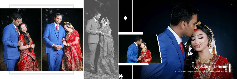 Bengali wedding album design with close-up bridal portrait and framed photos