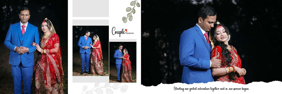Dark luxury Bengali wedding album template with red bridal portraits