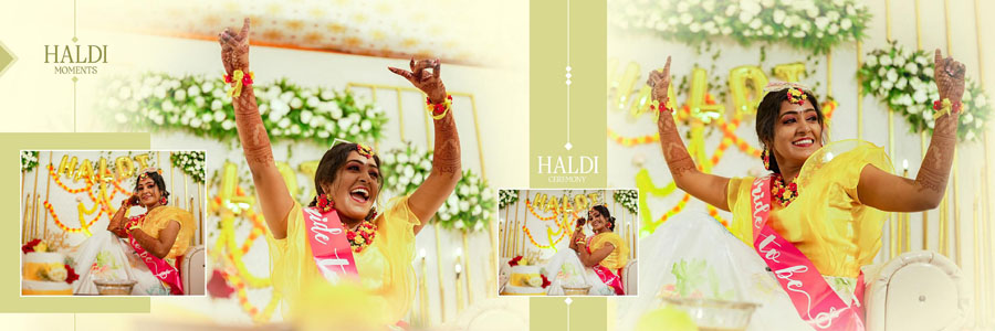 Haldi album design PSD for bridal portraits and ceremony moments
