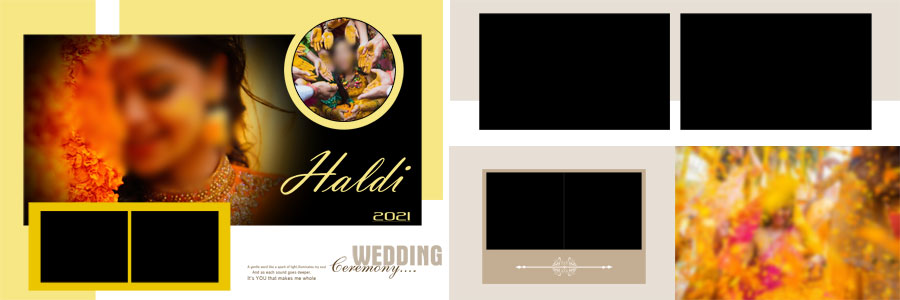 Haldi photo album spread with warm wedding colour themes